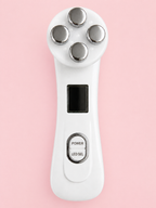 Front view of the Solwynn Contour facial device, showing its four stainless steel electrodes, LED display and power buttons.