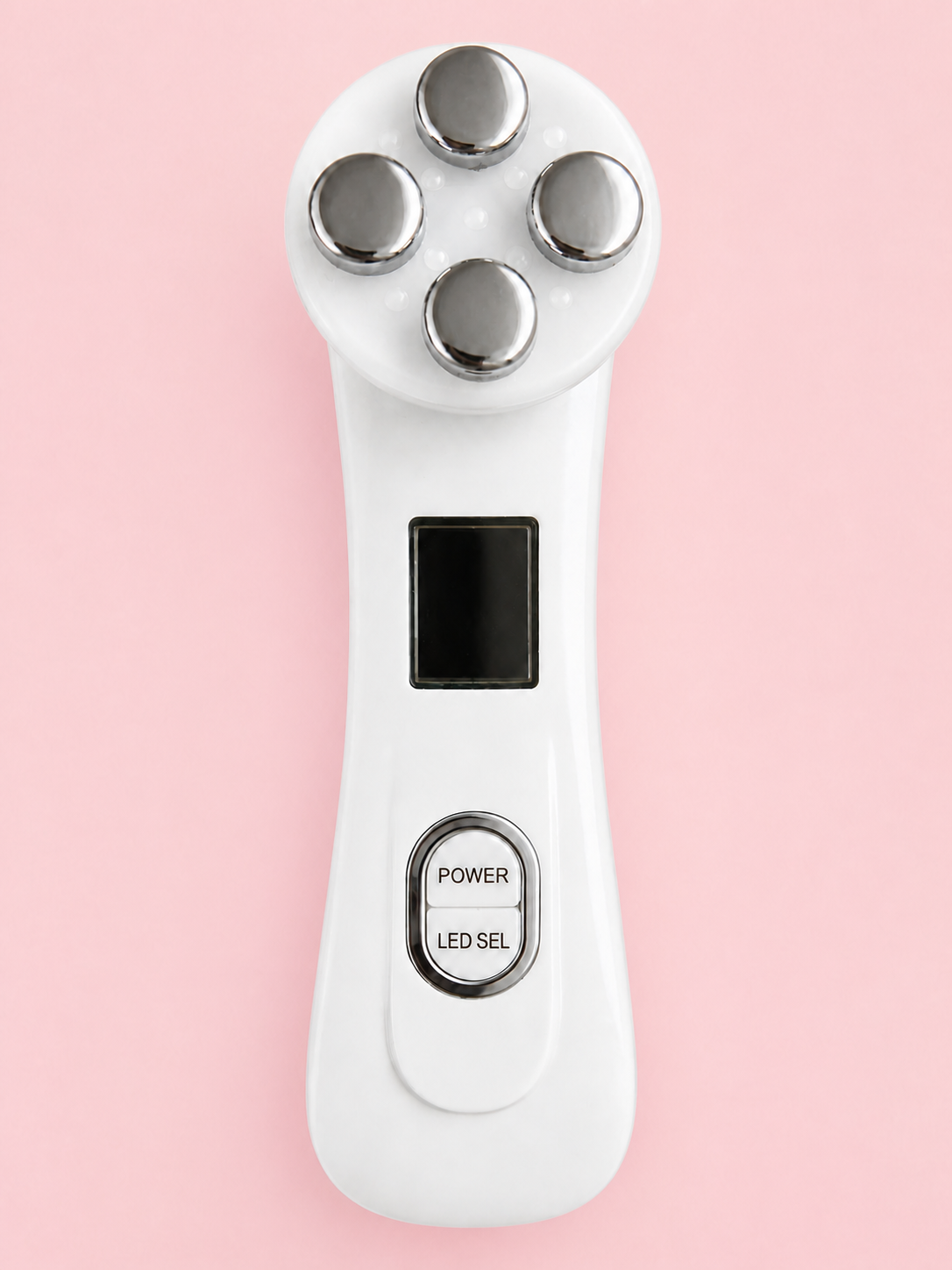 Front view of the Solwynn Contour facial device, showing its four stainless steel electrodes, LED display and power buttons.
