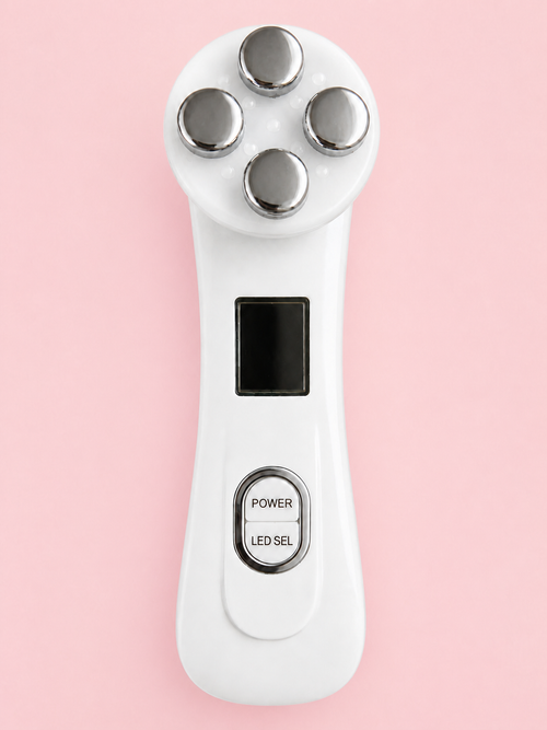 Front view of the Solwynn Contour facial device, showing its four stainless steel electrodes, LED display and power buttons.