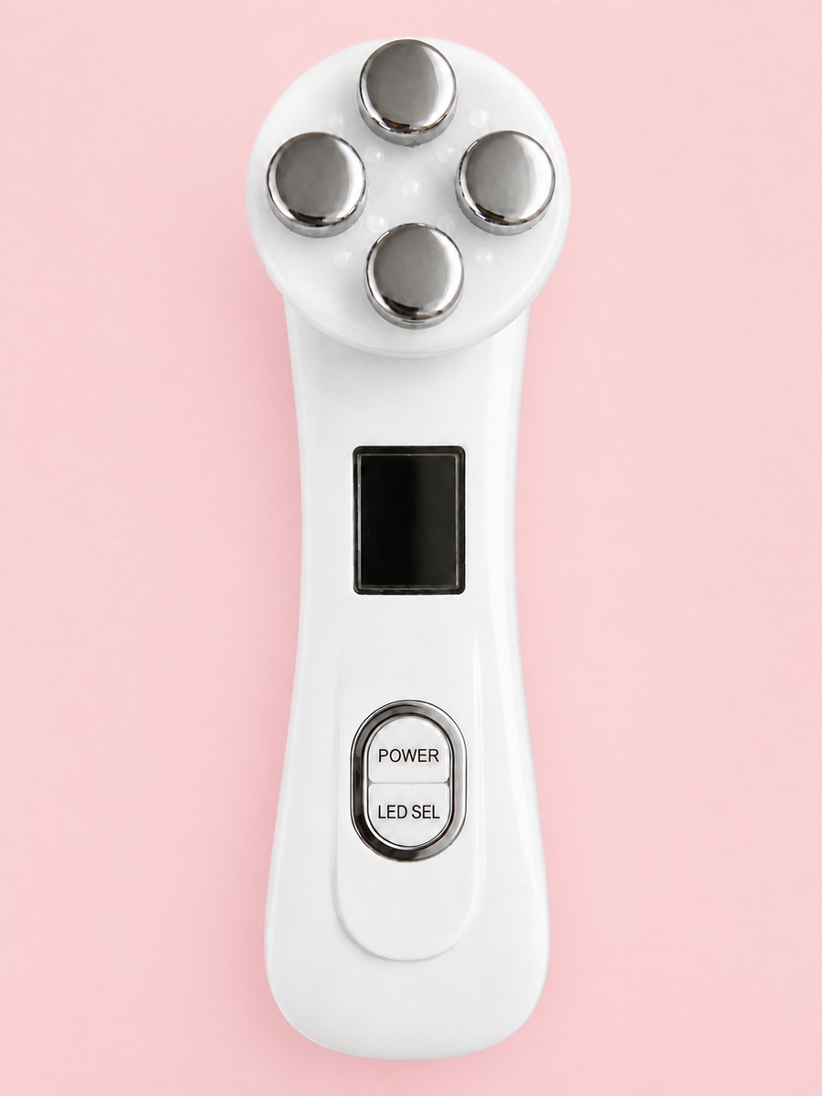 Front view of the Solwynn Contour facial device, showing its four stainless steel electrodes, LED display and power buttons.
