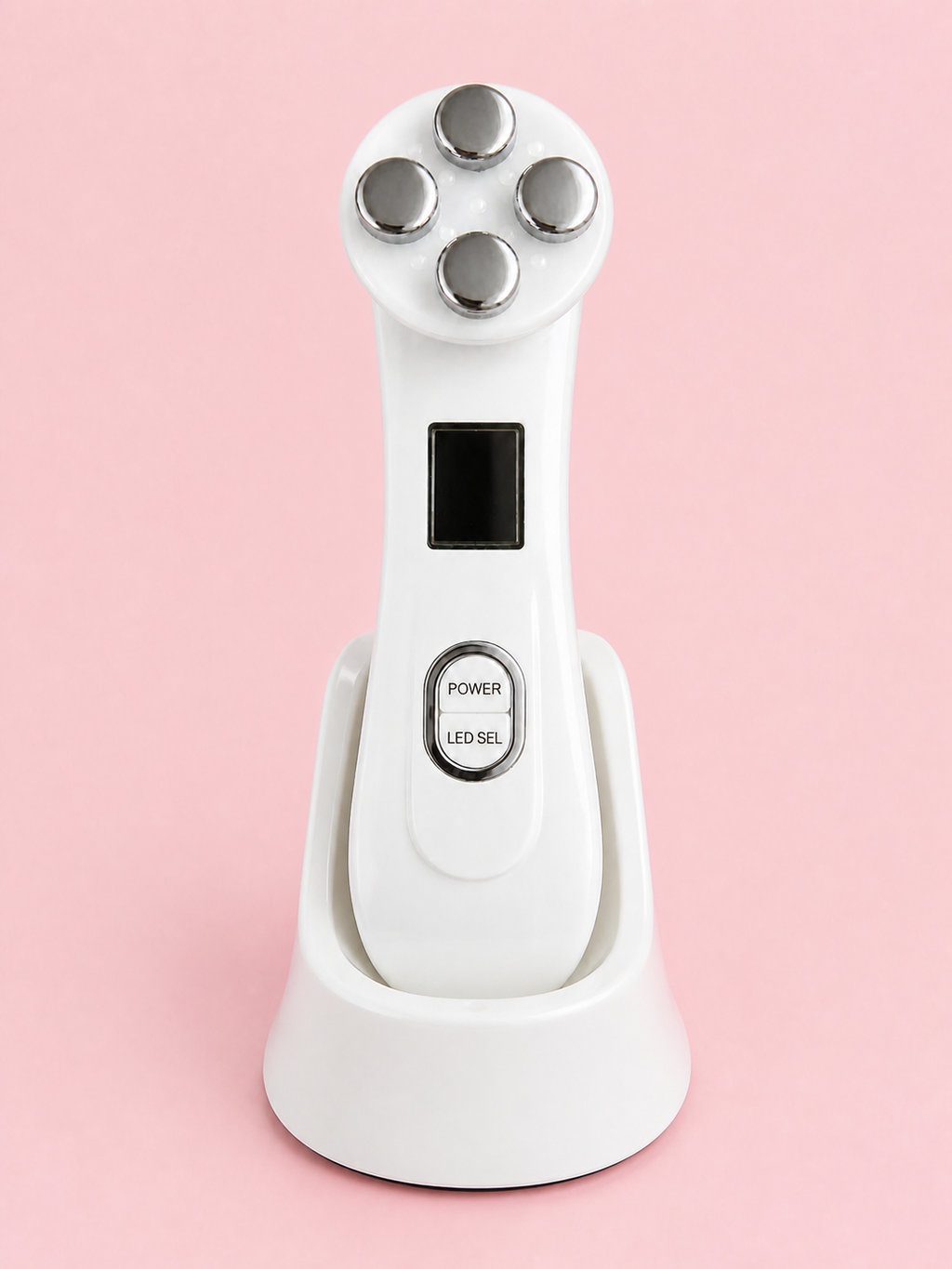 The Solwynn Contour standing upright in its white charging base, seen from the front.