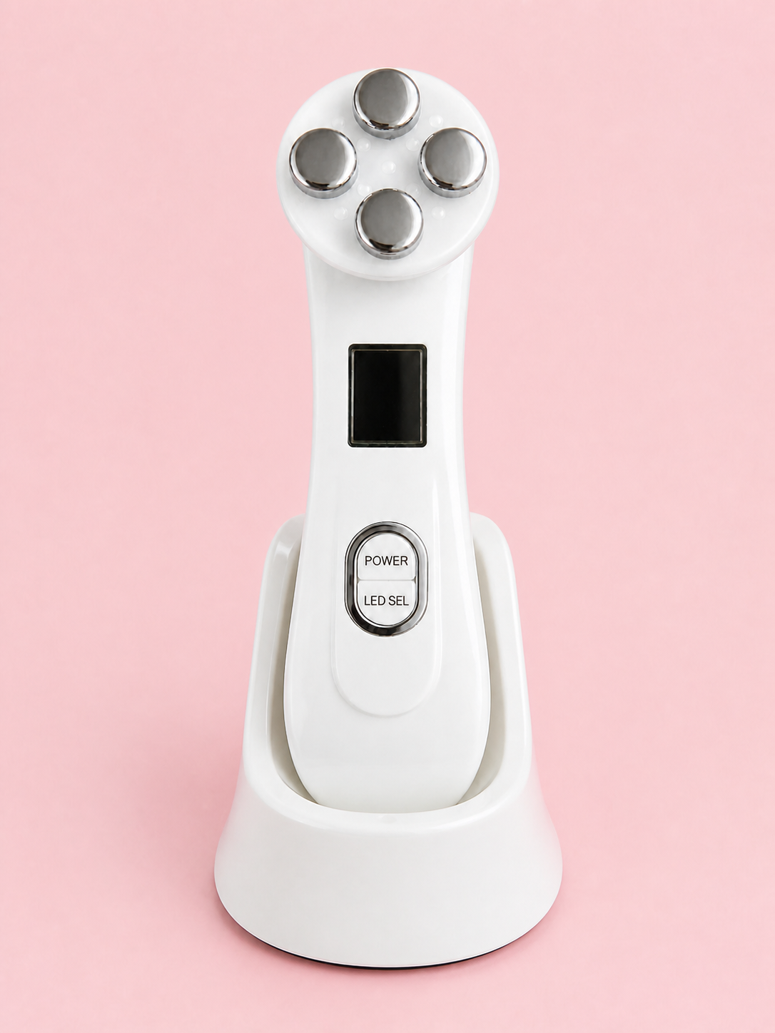 The Solwynn Contour standing upright in its white charging base, seen from the front.